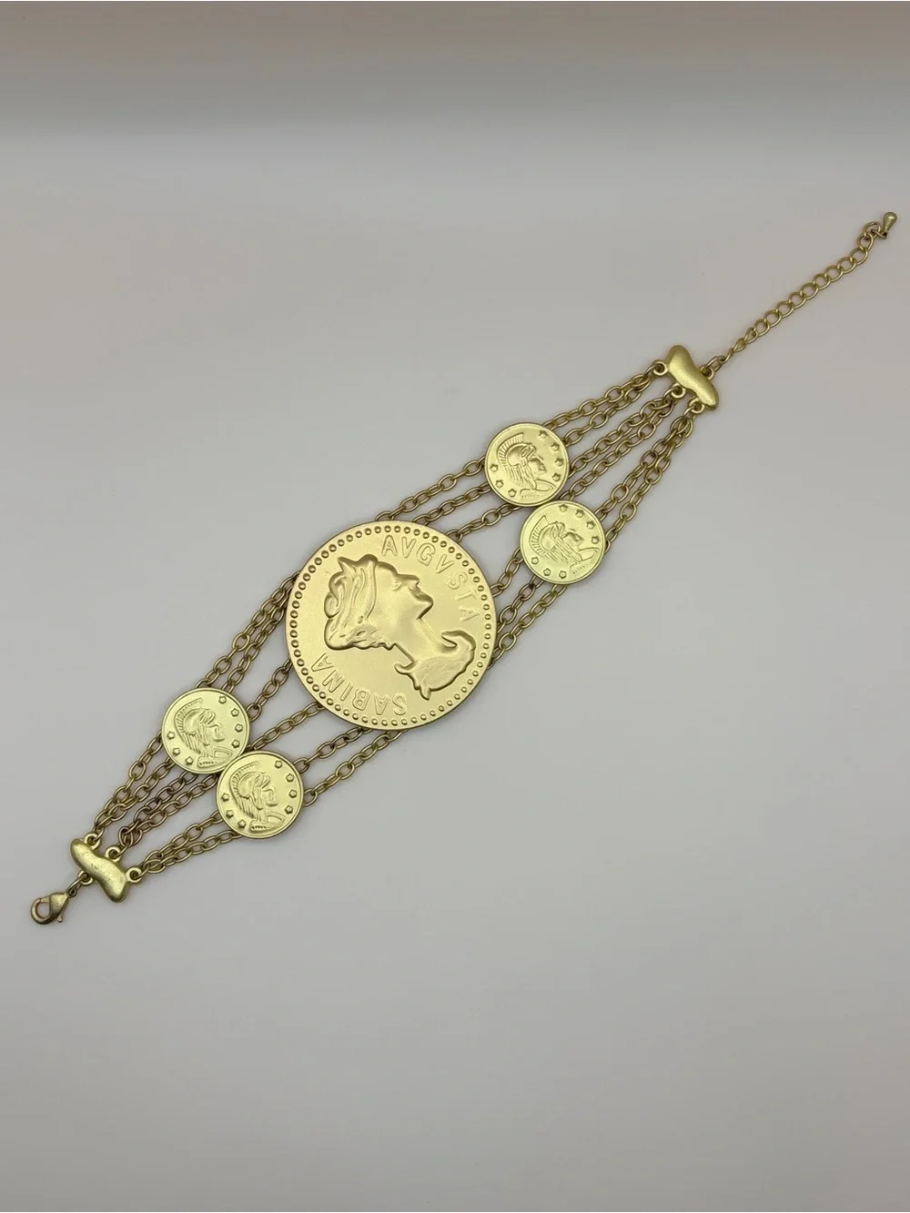 Bold Gold Tone Sabina Augusta Costume Coin Statement Bracelet